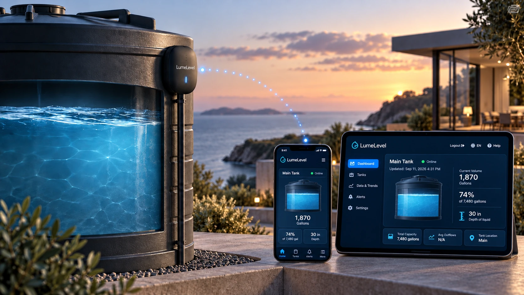 LumeLevel fluid management showing homeowners, suppliers, property managers, and teams connected to the tank information they need